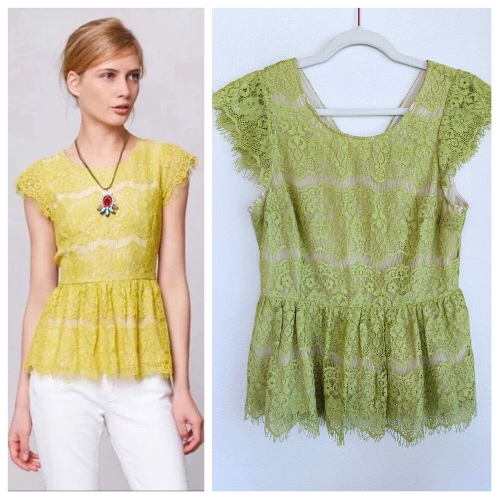 Anthropologie Maeve Katrine Lace Peplum Cap Sleeve Blouse Top in Yellow Size S